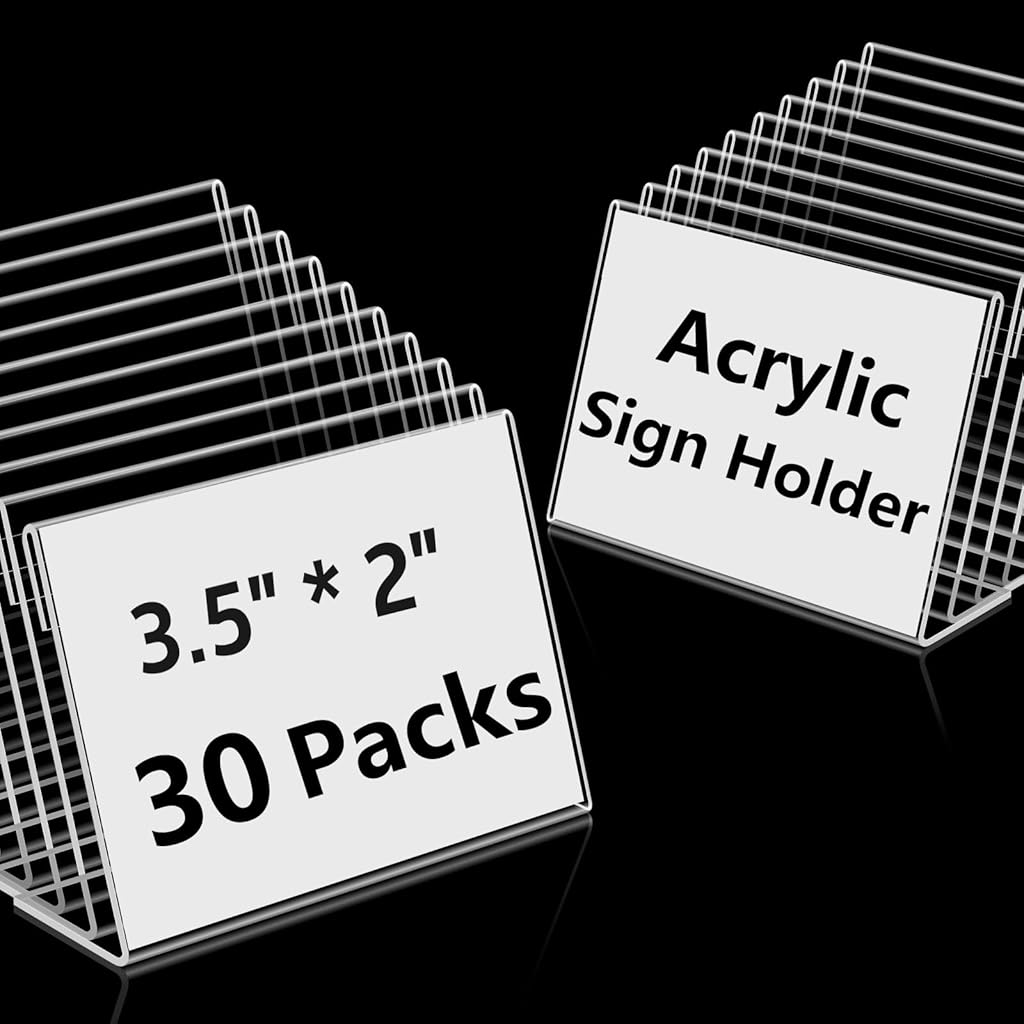 OFIFO® Clear Acrylic Display Stand 30 Pack, 9x6cm L Shaped Sign Holder for Table, Price Tag, Name Card, Menu, Buffet Food Label, Desk Label, Retail, Wedding, Transparent Tabletop Place Card Holder OFIFO® Clear Acrylic Display Stand 30 Pack, 9x6cm L Shaped Sign Holder for Table, Price Tag, Name Card, Menu, Buffet Food Label, Desk Label, Retail, Wedding, Transparent Tabletop Place Card Holder